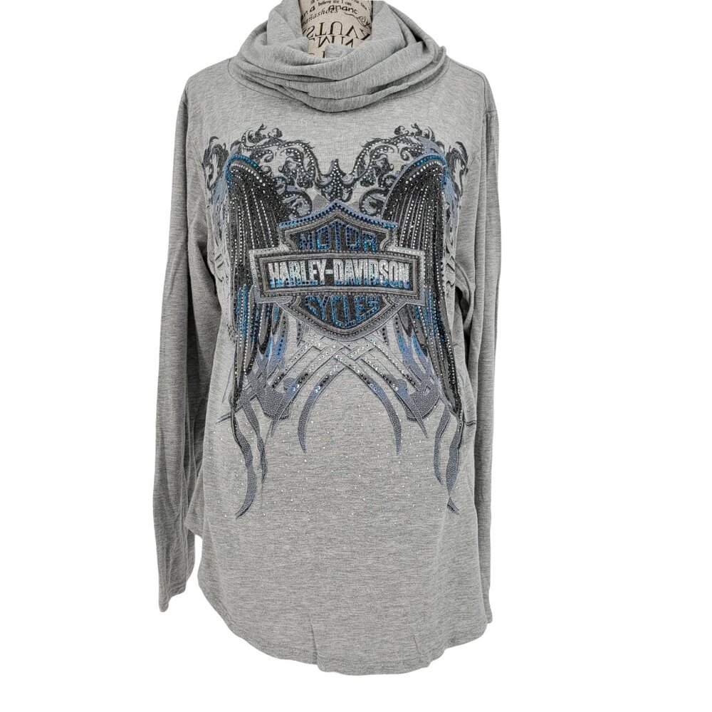 Harley-Davidson Women’s Gray Rhinestone Winged Logo Cowl Neck Long Sleeve Top XL